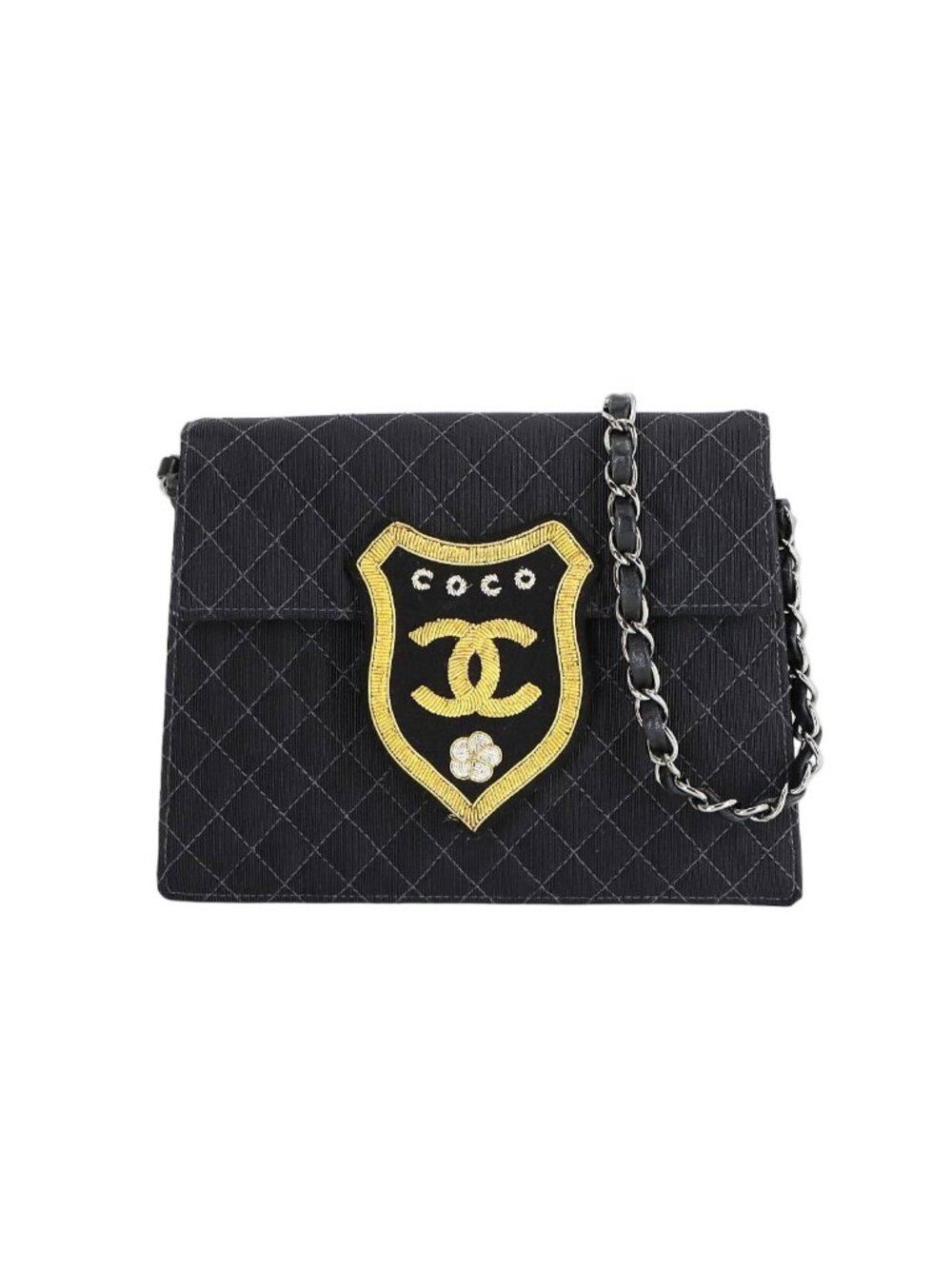 Chanel Quilted Emblem Chain Shoulder Bag Canvas Leather Black Silver